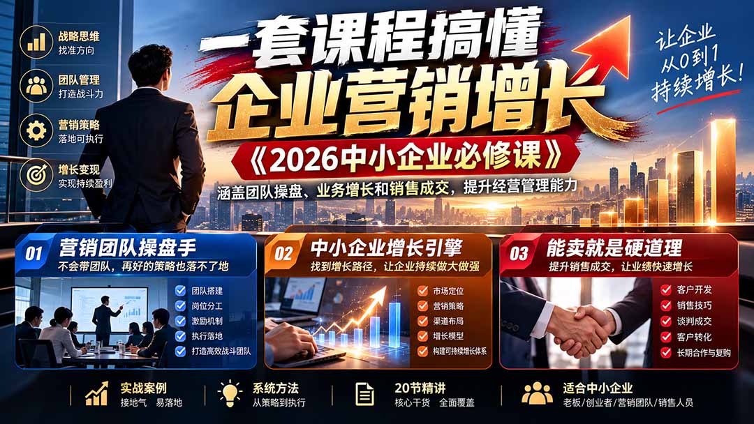 一套课程搞懂企业营销增长《2026中小企业必修课》涵盖团队操盘、业务增长和销售成交,提升经营管理能力|副业联盟