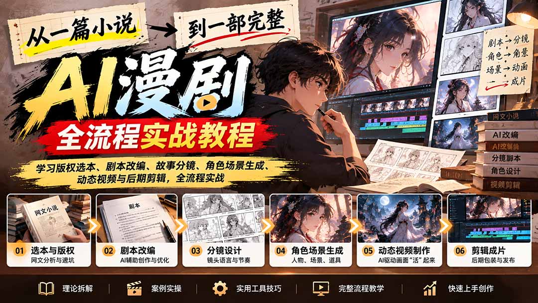 从一篇小说到一部完整AI漫剧:学习版权选本、剧本改编、故事分镜、角色场景生成、动态视频与后期剪辑|副业联盟