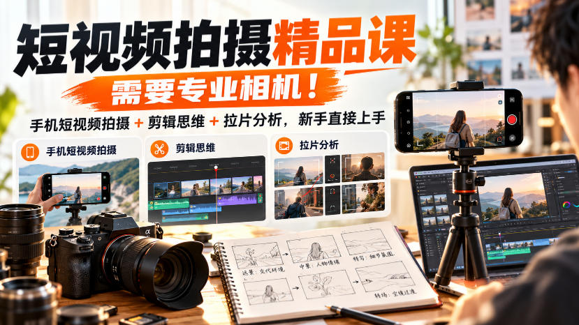 短视频拍摄精品课,需要专业相机!手机短视频拍摄+剪辑思维+拉片分析,新手直接上手|副业联盟