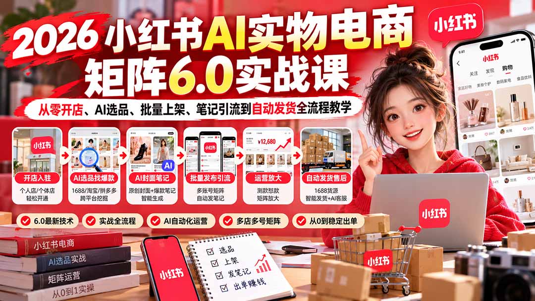 2026小红书AI实物电商矩阵6.0实战课:从零开店、AI选品、批量上架、笔记引流到自动发货全流程教学|副业联盟