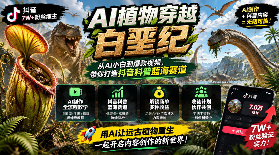 抖音7W粉丝博主的AI植物穿越白垩纪教学,抖音科普蓝海赛道,解锁商单收徒伙伴计划等多种收益|副业联盟