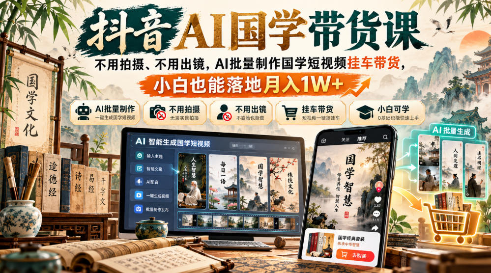 抖音AI国学带货课，不用拍摄、不用出镜，AI批量制作国学短视频挂车带货，小白也能落地月入1W+|副业联盟