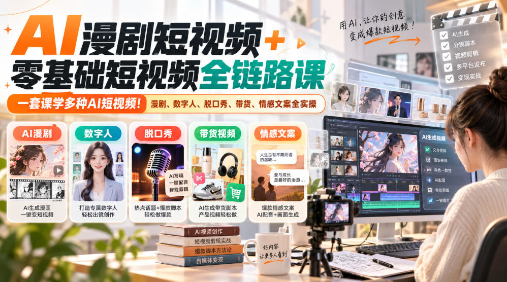 AI漫剧短视频+零基础短视频全链路课,一套课学多种AI短视频!漫剧、数字人、脱口秀、带货、情感文案全实操|副业联盟