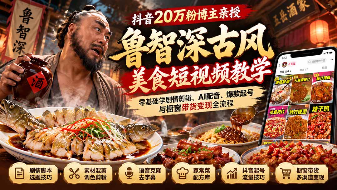 抖音20万粉博主亲授鲁智深古风美食玩法:零基础学剧情剪辑、AI配音、爆款起号与橱窗带货变现全流程|副业联盟