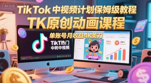 TikTok中视频计划保姆级教程，TK原创动画课程，单账号月收益4k美刀 - 副业联盟-副业联盟