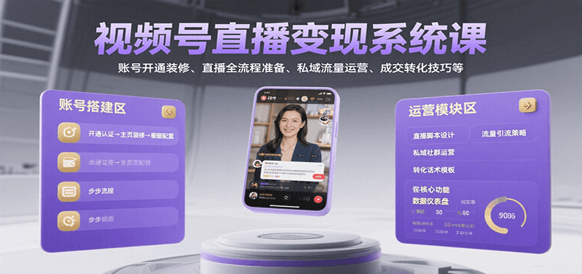 视频号直播变现系统课，账号开通装修、直播全流程准备、私域流量运营、成交转化技巧等 - 副业联盟-副业联盟
