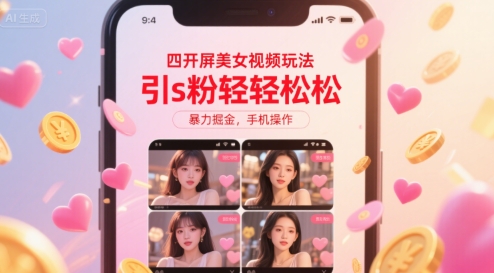 四开屏美女视频玩法，引s粉轻轻松松，暴力掘金，手机操作【揭秘】 - 副业联盟-副业联盟