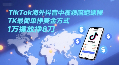 TikTok海外抖音中视频陪跑课程，TK最简单挣美金方式，1万播放挣8刀 - 副业联盟-副业联盟