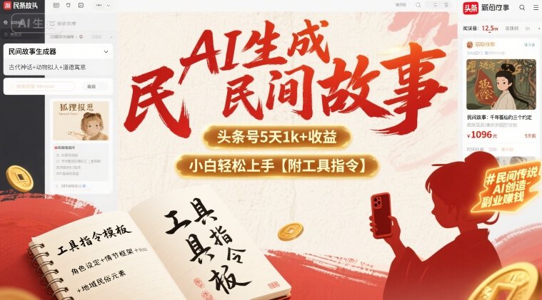 AI生成民间故事，头条号5天1k+，小白轻松上手【附工具指令】 - 副业联盟-副业联盟