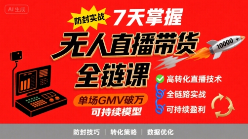 无人直播带货全链防封实战课，7天掌握高转化直播技术，实现单场GMV破万可持续模型 - 副业联盟-副业联盟