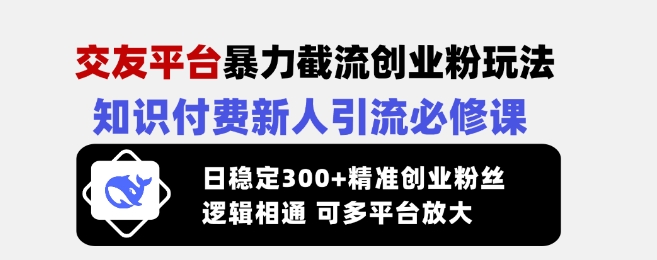 交友平台暴力截流创业粉玩法，知识付费新人引流必修课，日稳定300+精准创业粉丝，逻辑相通可多平台放大 - 副业联盟-副业联盟