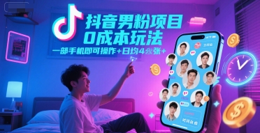 抖音男粉项目0成本玩法，一部手机即可操作，日均4张+，时间自由 - 副业联盟-副业联盟