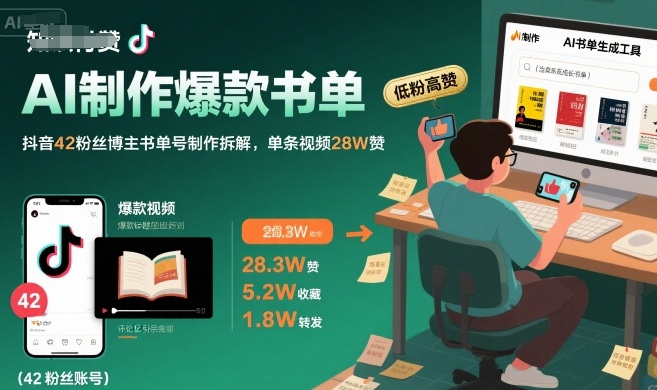 AI制作爆款书单，抖音42粉丝博主书单号制作拆解，单条视频28W赞 - 副业联盟-副业联盟