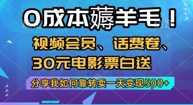 0成本薅羊毛!视频会员、话费卷、30元电影票白送，分享我如何靠转卖一天变现5张+【揭秘】 - 副业联盟-副业联盟