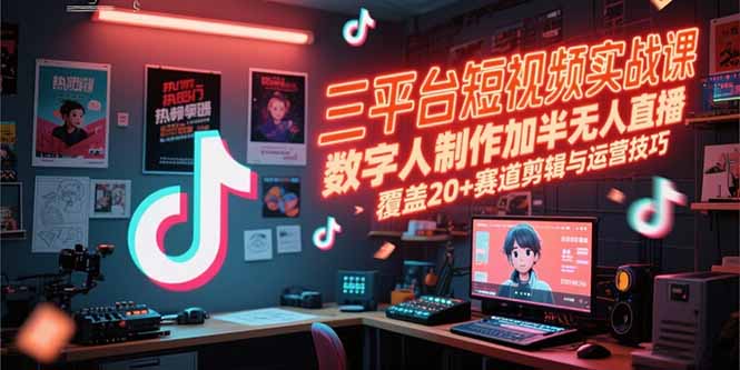 三平台短视频实战课，数字人制作加半无人直播，覆盖20+赛道剪辑与运营技巧 - 副业联盟-副业联盟