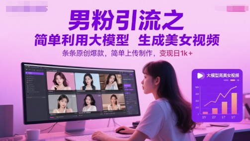 男粉引流之简单利用大模型生成美女视频，条条原创爆款，简单上传制作，变现日1k+ - 副业联盟-副业联盟