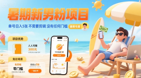 暑期新男粉项目 单号日入5张 不需要剪辑  没有任何门槛 - 副业联盟-副业联盟