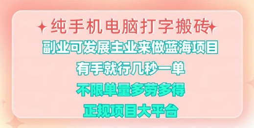 纯手机电脑打字搬砖，有手就行，几秒一单，多劳多得，正规项目大平台【揭秘】 - 副业联盟-副业联盟