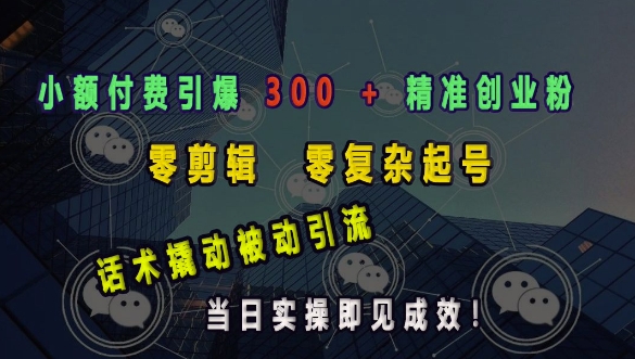 小额付费引爆 300 + 精准创业粉，零剪辑、零复杂起号，话术撬动被动引流，当日实操即见成效 - 副业联盟-副业联盟