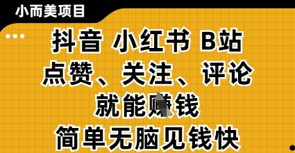小而美的项目，抖音小红书B站视频点赞、关注、评论就能挣钱，简单无脑立见收益，妥妥的零撸项目【揭秘】 - 副业联盟-副业联盟